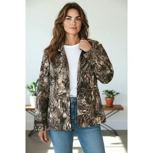 Chico’s Paisley Cotton Silk Jacket Size 3 XL Brown Black Button Front Lined EUC!